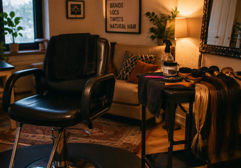 Warm-lit neighborhood braiding studio chair with tools